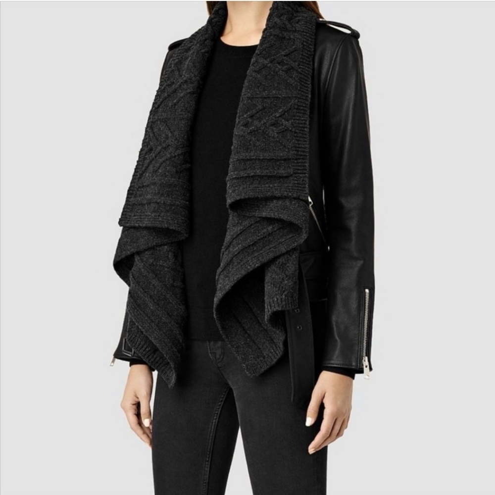 All Saints Wrap Cable Jacket Genuine Goat Leather Size 0 Black Draped Open Front